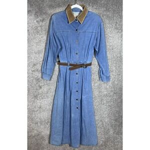 Vintage Studio 25 Denim Button Up Maxi Dress Womens‎ Sz M Blue Corduroy Collar